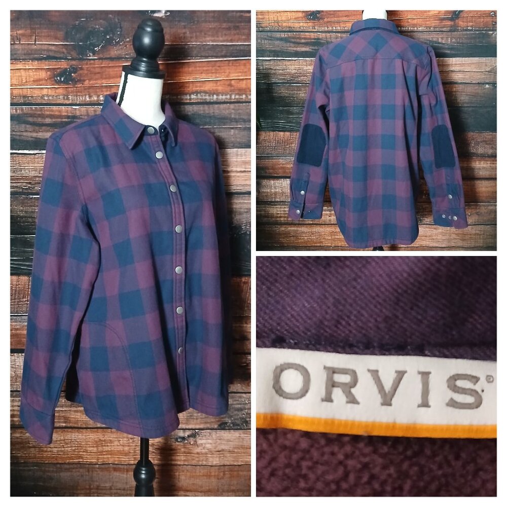 Orvis Jacket XL Fleece Lined Flannel Snap Front Purple Navy Plaid Chore Coat